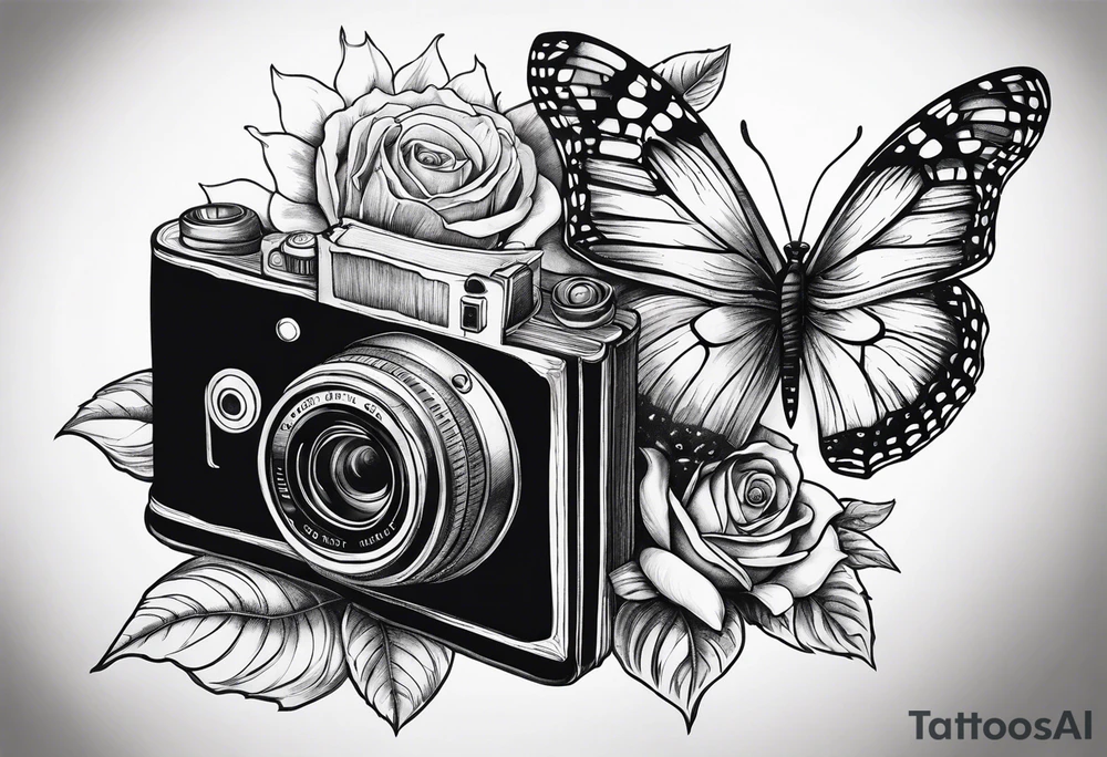 Book, sunflower, camera, butterfly, flower rose tattoo idea Book, sunflower, camera, butterfly, flower rose tattoo idea