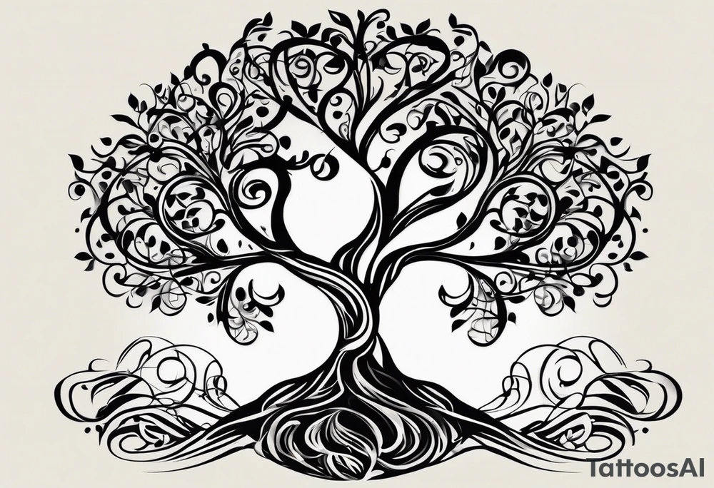 A tattoo design that incorporates the following elements: an abstract tree of life that has roots emerging  from the ground. Waves of water wrap around the tree in a non symmetrical design.  Incorporate musical notes into the tree. the letters U and A are overlapping and engraved into the tree. A golf flag incorporated but not prominent tattoo idea