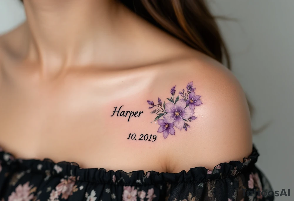 Hana 10. 02. 2019 – Soft violet and lilac flowers winding around Harper's birthdate, with subtle silver details. tattoo idea