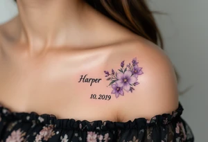 Hana 10. 02. 2019 – Soft violet and lilac flowers winding around Harper's birthdate, with subtle silver details. tattoo idea