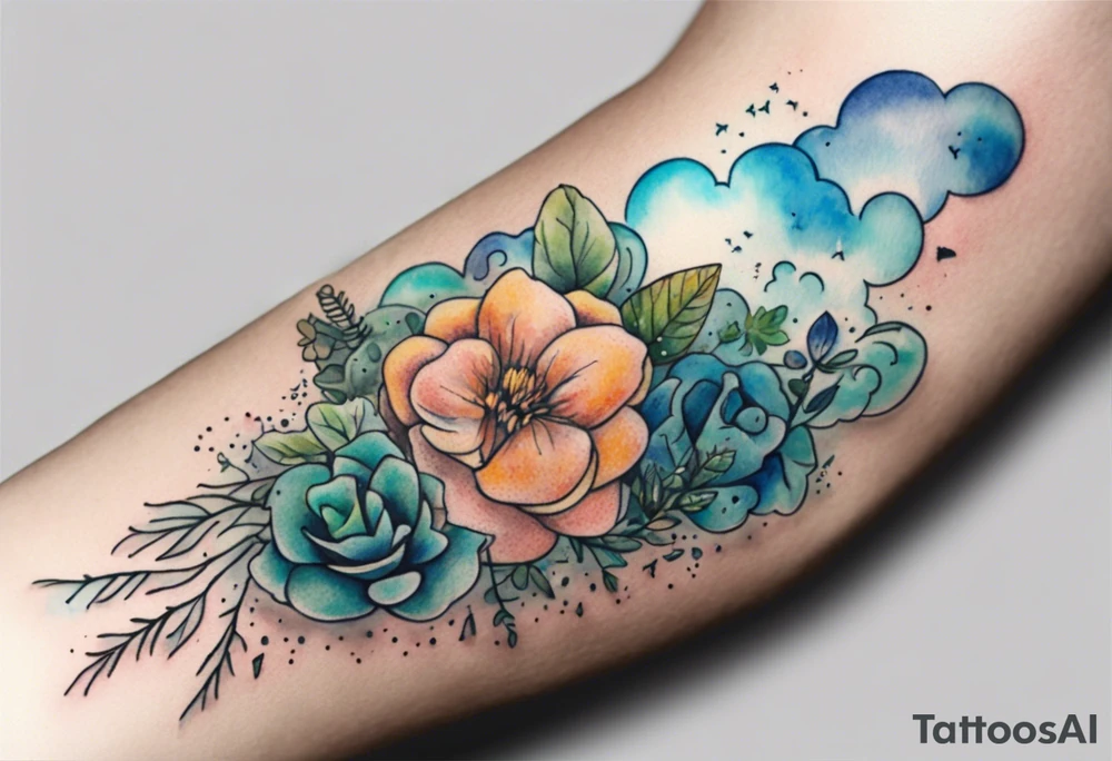a forearm tattoo with a cloud with little plants and underneath it the date 12.08.05 tattoo idea