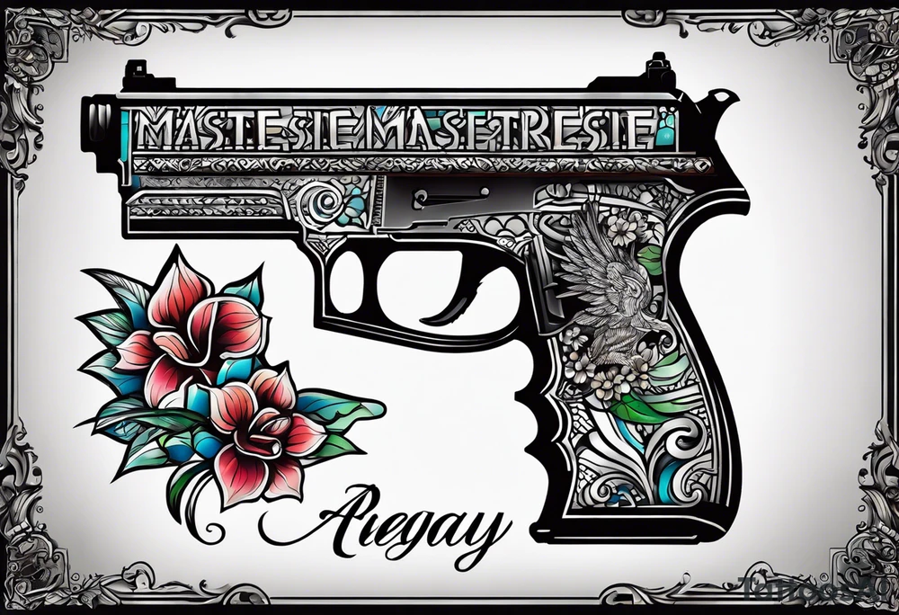 The letters AR with a pistol on each side and the word always on the top and the word ready on the bottom tattoo idea