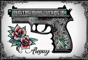 The letters AR with a pistol on each side and the word always on the top and the word ready on the bottom tattoo idea
