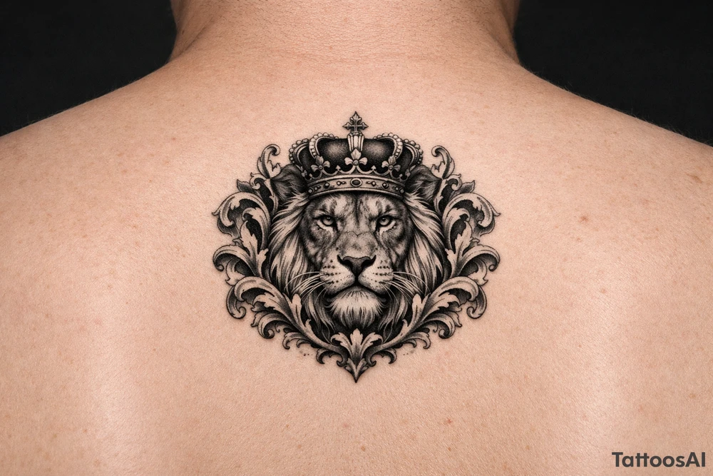 powerful majestic lion with a crown, framed by ornate floral scrollwork tattoo idea