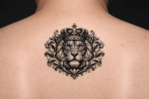 powerful majestic lion with a crown, framed by ornate floral scrollwork tattoo idea