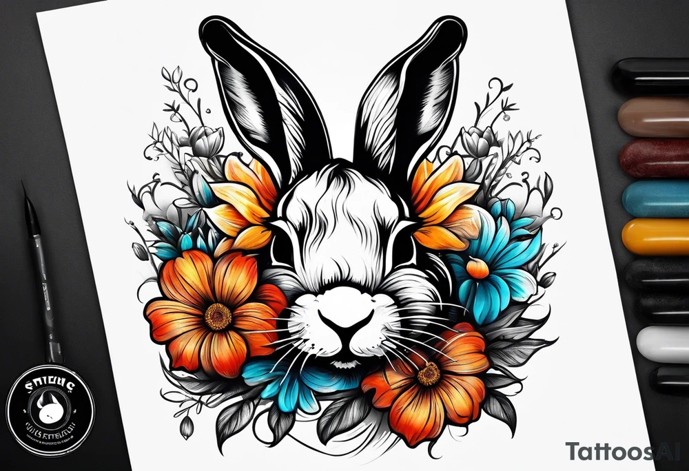 Realistic rabbit head and flowers tattoo idea