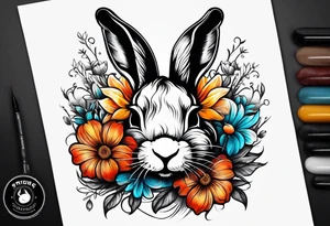 Realistic rabbit head and flowers tattoo idea