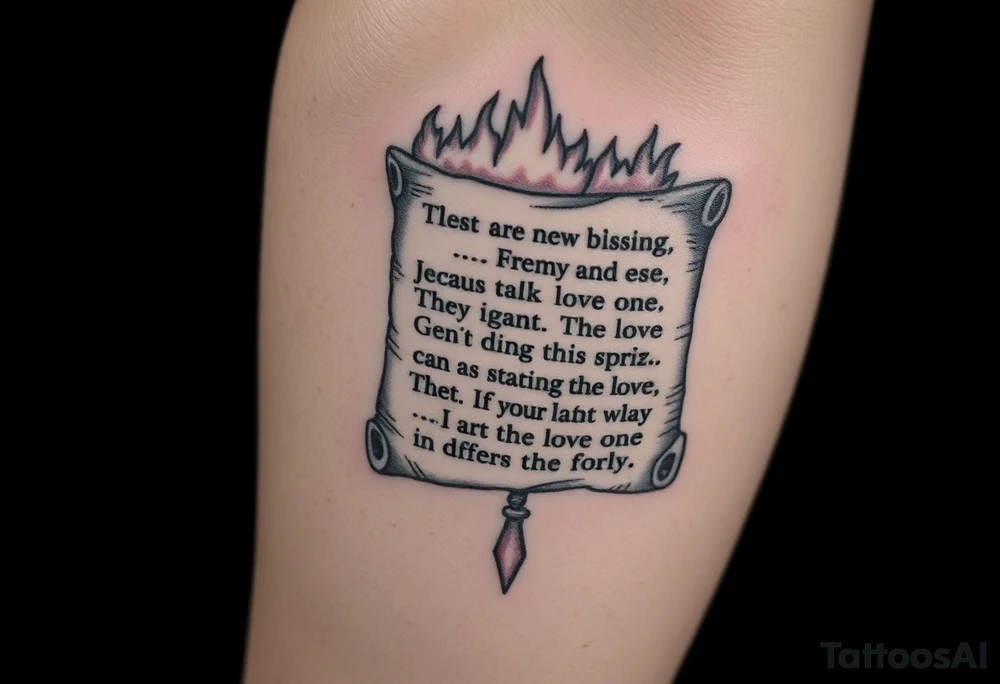 A large burning scroll of a bible scripture about new blessing and lost of a love one tattoo idea