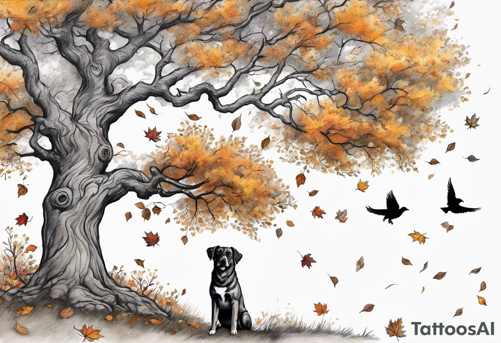 Autumn tree with a medium size grey brindle dog sitting under it and to the right facing it looking up and birds flying from the top right of the tree far view and full tree tattoo idea