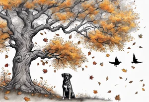 Autumn tree with a medium size grey brindle dog sitting under it and to the right facing it looking up and birds flying from the top right of the tree far view and full tree tattoo idea