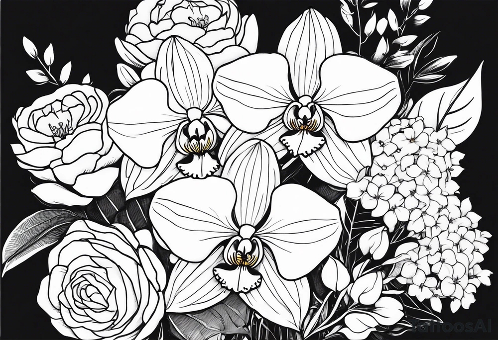 birth flower bouquet with orchid and hydrangeas tattoo idea birth flower bouquet with orchid and hydrangeas tattoo idea