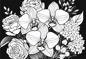 birth flower bouquet with orchid and hydrangeas tattoo idea