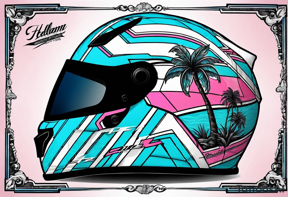 Formula 1 helment with the Miami name a palm tree and light blue black and pink colors tattoo idea
