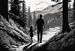 A shadow of a father and wife and young son and young daughter  walking through the Pacific Northwest Forrest.. Trust in God tattoo idea