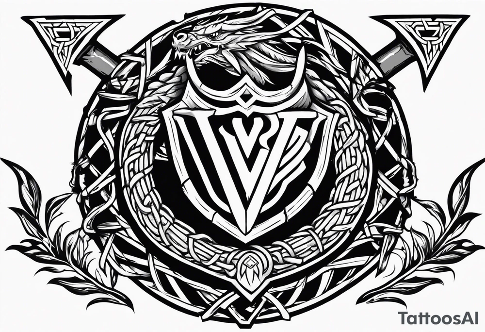 Valhalla sword shield dragon axe Valknut barbed wire chains fire tattoo idea Valhalla sword shield dragon axe Valknut barbed wire chains fire tattoo idea