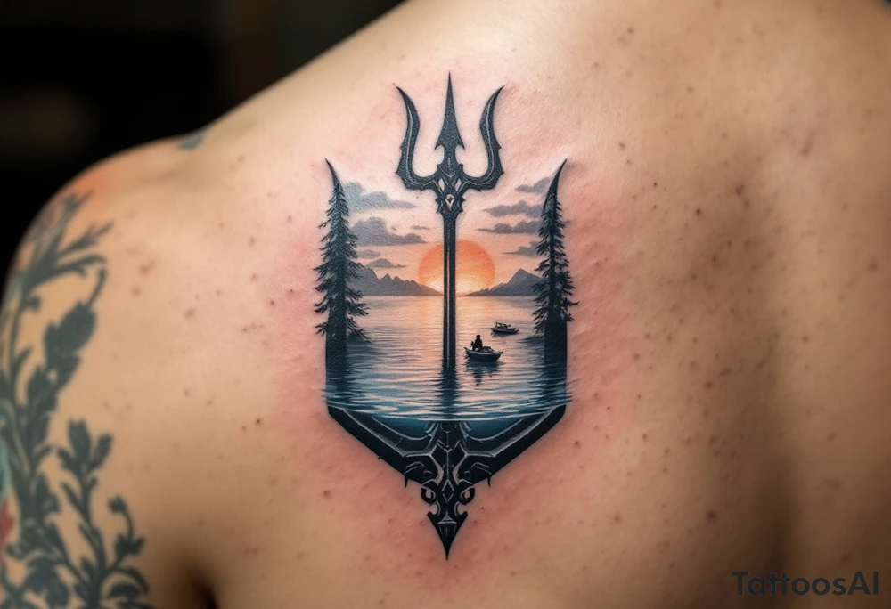 trident half way under calm water with skiboat and sunset tattoo idea