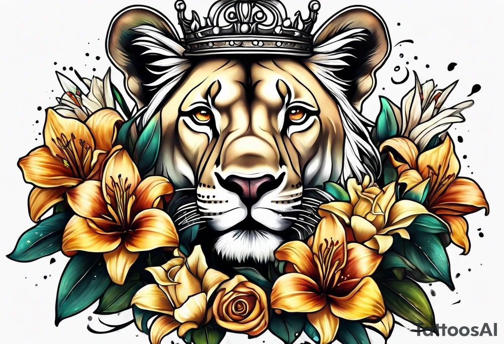 Lioness with money crown and lilies tattoo idea