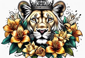 Lioness with money crown and lilies tattoo idea