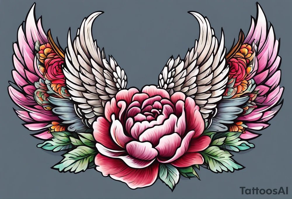 beautiful angel wings with colorful, peonies. beautiful flilligree in the background , full color, traditional old school tattoo idea