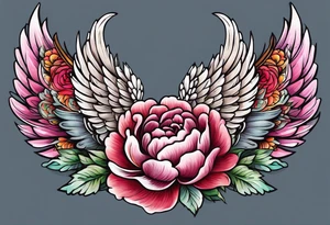 beautiful angel wings with colorful, peonies. beautiful flilligree in the background , full color, traditional old school tattoo idea
