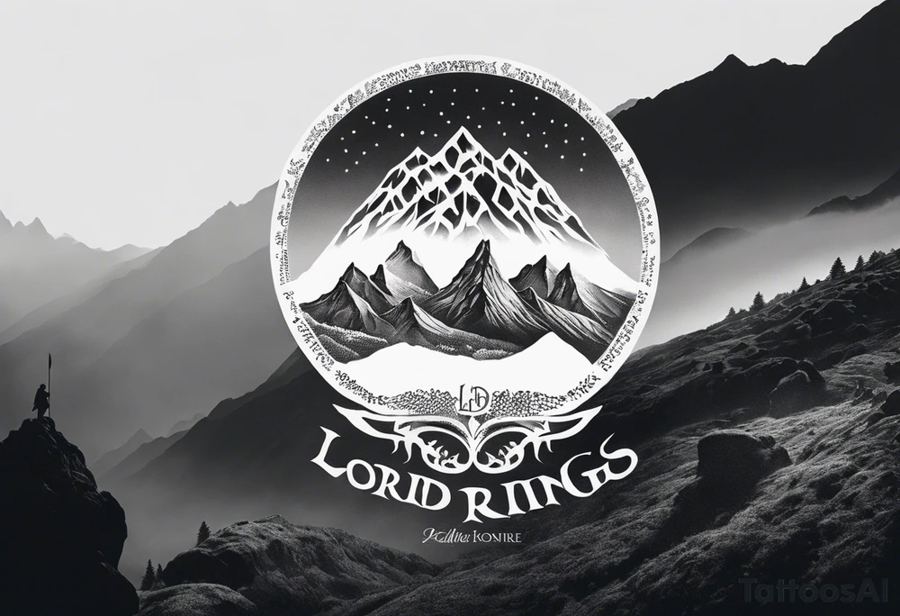 lord of the rings ring lettering with mountains above it and silhouette image of the characters on their travels through the mountains tattoo idea