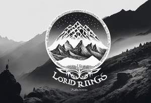 lord of the rings ring lettering with mountains above it and silhouette image of the characters on their travels through the mountains tattoo idea