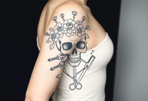 ornate skull adorned with crown of wild roses and thorns with scissors comb hairdryer clippers tattoo idea