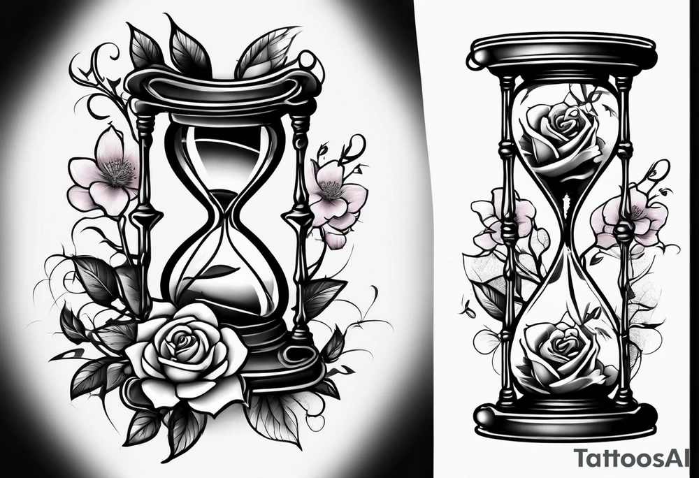 Rose on hourglass with sakura tree inside tattoo idea