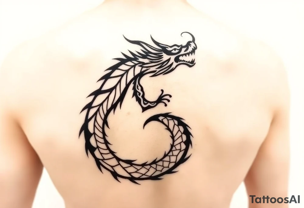 A refined black ink tattoo design for the back,  a minimalist tribal-style dragon curls in a spirals along the spine, symbolizing inner power and spiritual awakening.


 symbolizing spiritual rebirth and clarity.

denoting emotional depth, cycles, and feminine energy.

representing grounding, resilience, and ancestry.

Include subtle tribal and Berber cultural motifs , symbolizing fire, air, water and what u deem in tune with the spirit of the design

Style: sacred geometry meets minimalist tribal art. Fine linework, dotwork, and light shading. Symmetrical layout, clean flow, mystical tone.

Color: Black or dark brown ink only, on light parchment background. tattoo idea