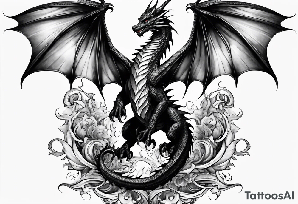 Mother dragon wings spread standing over three baby dragons tattoo idea