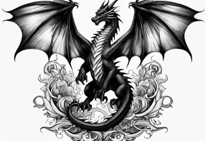 Mother dragon wings spread standing over three baby dragons tattoo idea