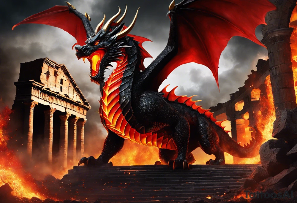 A majestic black and red dragon with shimmer golden scales standing in the burning ruins of a crumbling colosseum with flames and ash around his feet. This dragon depicts power, danger, and awe billowing flames from his mouth into the sky with wings outstretched. Show the dragon standing within the ruined, burning colosseum with crumbling columns on either side, with him blowing flames into the air. tattoo idea