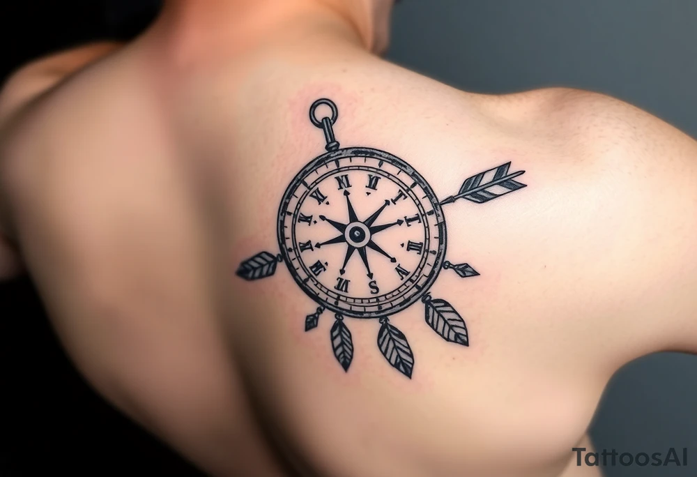 left forearm rustic compass/clock with a native american arrow going thru it and say "True North" tattoo idea