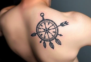 left forearm rustic compass/clock with a native american arrow going thru it and say "True North" tattoo idea