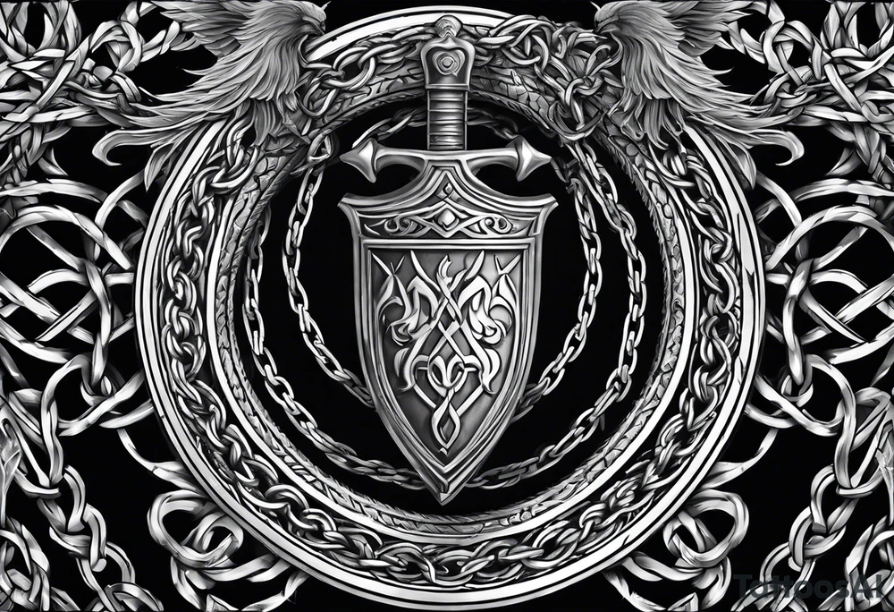 Valhalla sword shield axe barbed wire chains dark cloud tattoo idea