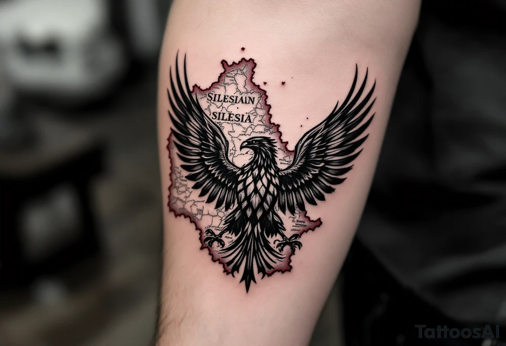 Silesian Eagle and a Map of Silesia – A detailed black eagle in flight, with its wings partially merging into a faded vintage-style map of Silesia. The borders of the region are highlighted in deep red, symbolizing history and unity. tattoo idea