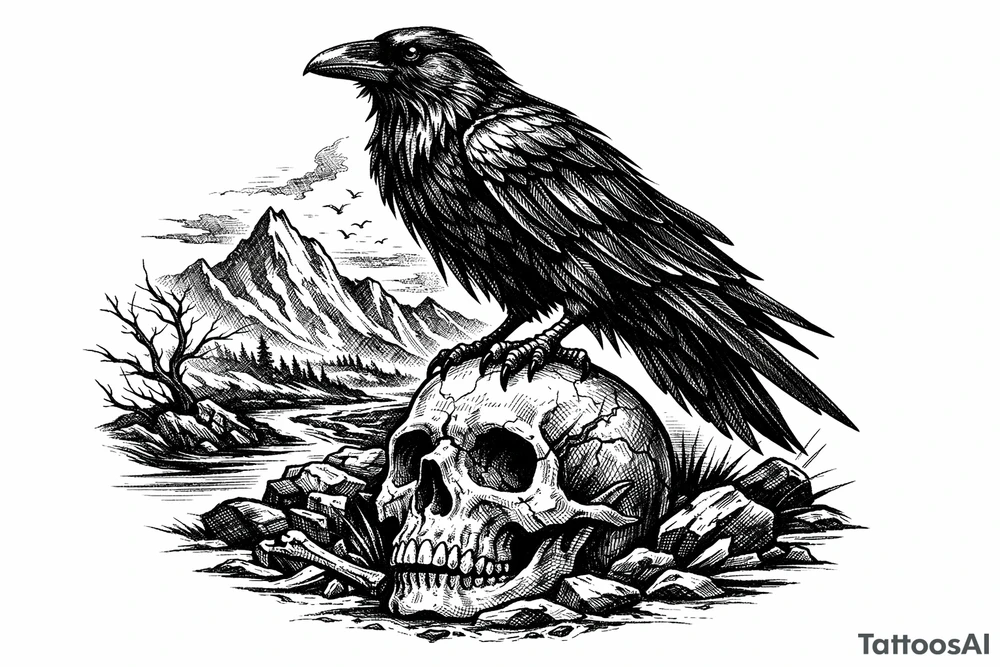 a raven standing on a skull, landscape. tattoo idea