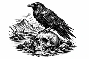 a raven standing on a skull, landscape. tattoo idea