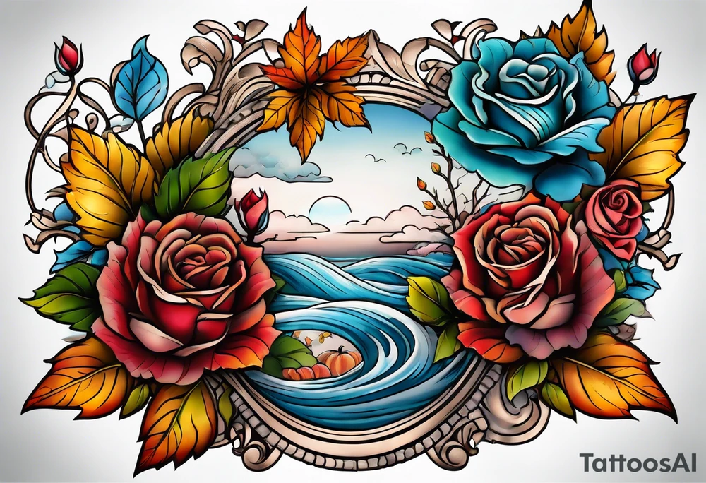 thigh tattoo with fall colors showing, small flowers, roses, water flow, and sky tattoo idea