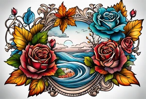 thigh tattoo with fall colors showing, small flowers, roses, water flow, and sky tattoo idea