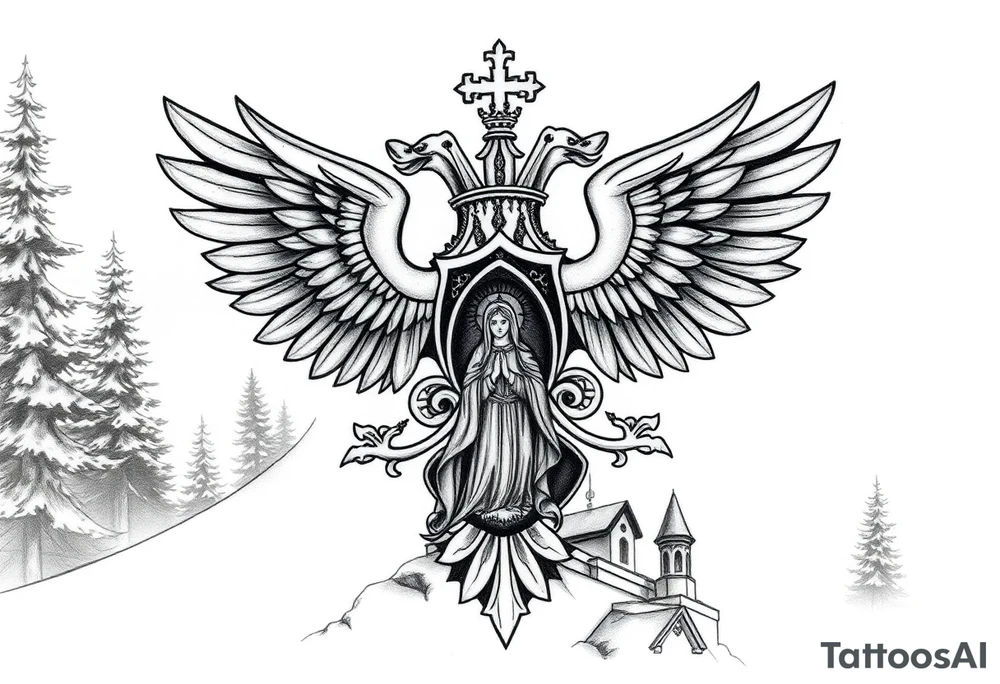 russian coat of arms double headed eagle traditional christian orthodox cross with a virgin mary stood in the entrance of a russian orthodox dome church on the side of the neck in a wilderness setting tattoo idea