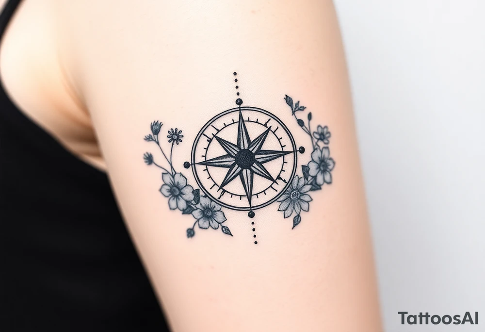 Abstract Compass surrounded with wild flowers tattoo idea