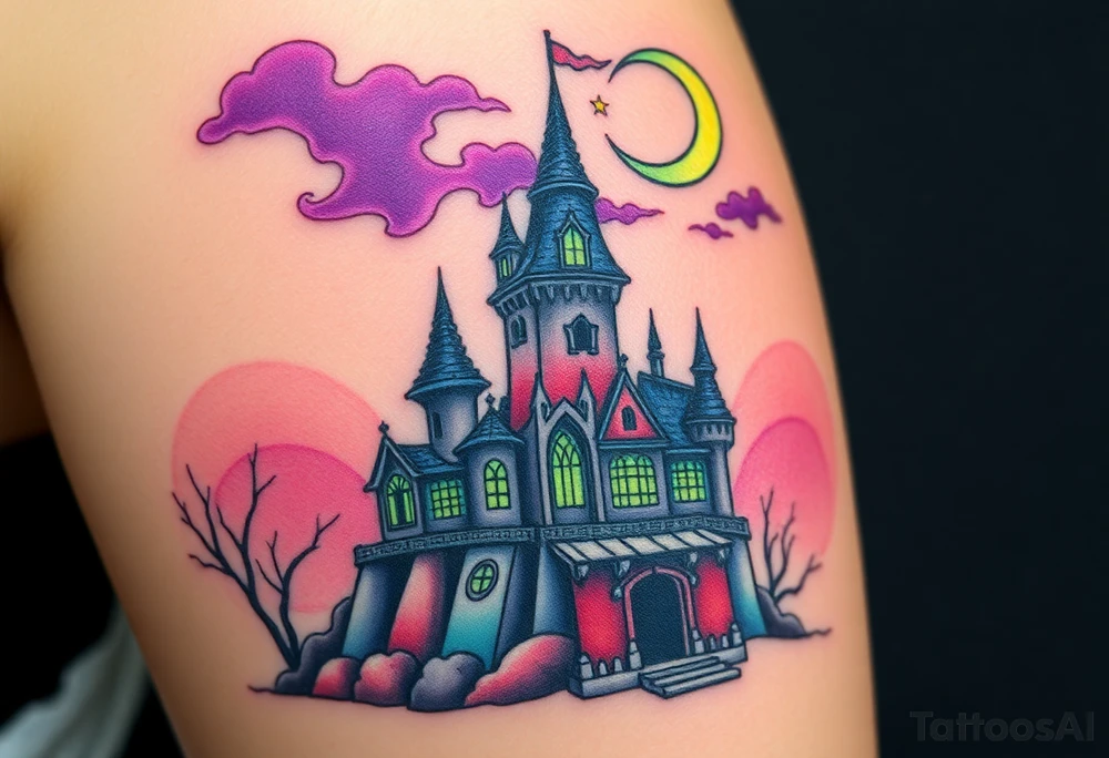 Tim Burton’s disney sleeping beauty’s haunted castle is abandoned and dripping with muted reds, dusty pinks, and eerie green glow.purple and cyan smokey clouds swirl in the crescent moonlit sky thats sprinkled with stars tattoo idea tattoo idea