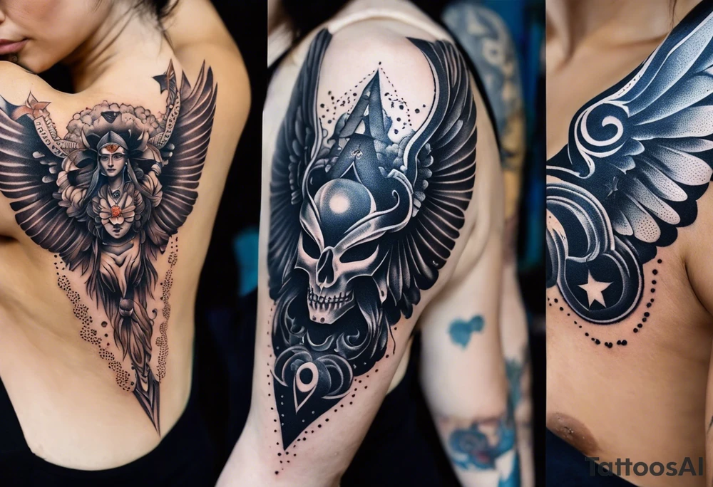 black kali, goddess pirate, alien, angel, pachamama, valkrye, warrior, flying, skull, lotus azul, wing, eagle, zenza resonance, stars, 5D, anahata chakra, death, durga, riding on a tiger, flying lady, chest tatoo tattoo idea