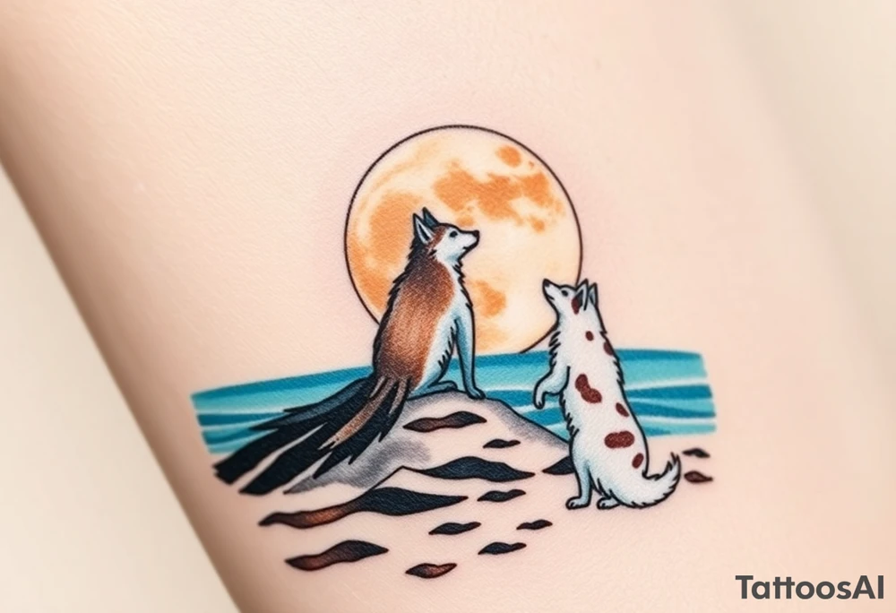 smALL HUSKY LOOKING AT A TRIBAL MOON STANDONG IN THE SAND IN THE SEA WITH THE CONSTALATION OF SAGITARIUS PUT COLOR ADD ARROW, MAKE HUSKY WHITE WITH BROWN SPOTS, MAKE ARROW FLYING tattoo idea