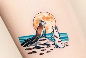 smALL HUSKY LOOKING AT A TRIBAL MOON STANDONG IN THE SAND IN THE SEA WITH THE CONSTALATION OF SAGITARIUS PUT COLOR ADD ARROW, MAKE HUSKY WHITE WITH BROWN SPOTS, MAKE ARROW FLYING tattoo idea