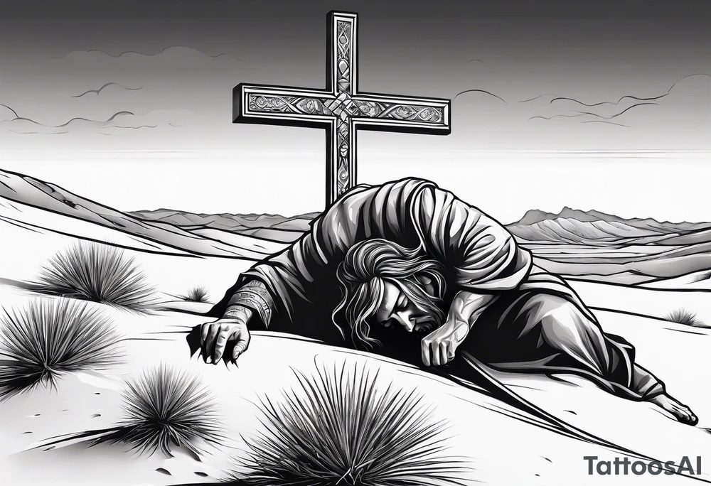 man crawling in a desert toward the cross of Christ tattoo idea