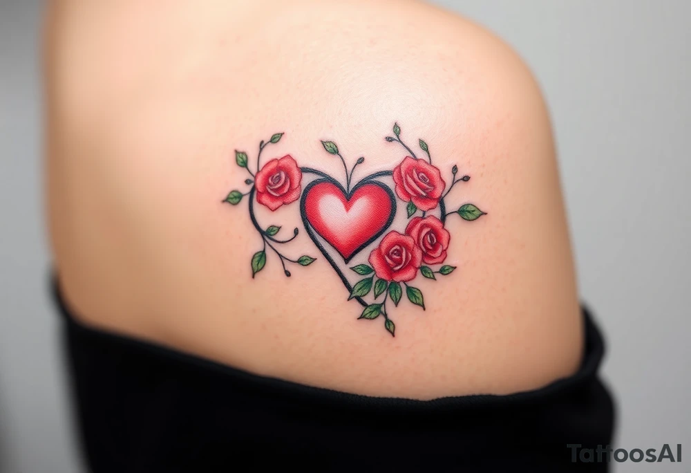 A infinity symbol with vine and delicate roses and a heart at its center, in soft red and green hues tattoo idea