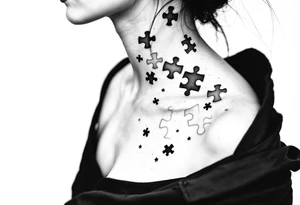 Cover the whole side of the neck puzzle piece tattoo where one of the pieces says Rella tattoo idea