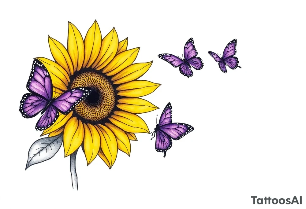 Sunflower with purple butterflies on side tattoo idea
